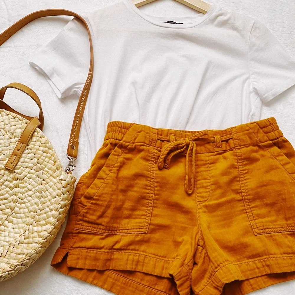 Mustard Orange Crinkled Styled Pull On Shorts - Picture 2 of 11